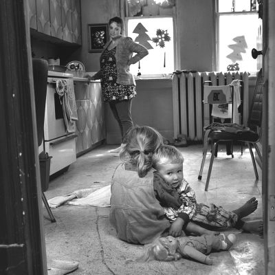 Black and white Christmas image of kids